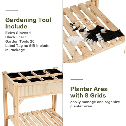 Miniatura 5 de Amerlife - Jardinera elevada de madera, con patas y un estante de almacenamiento, incluye herramientas de jardín, para plantar plantas, hierbas y