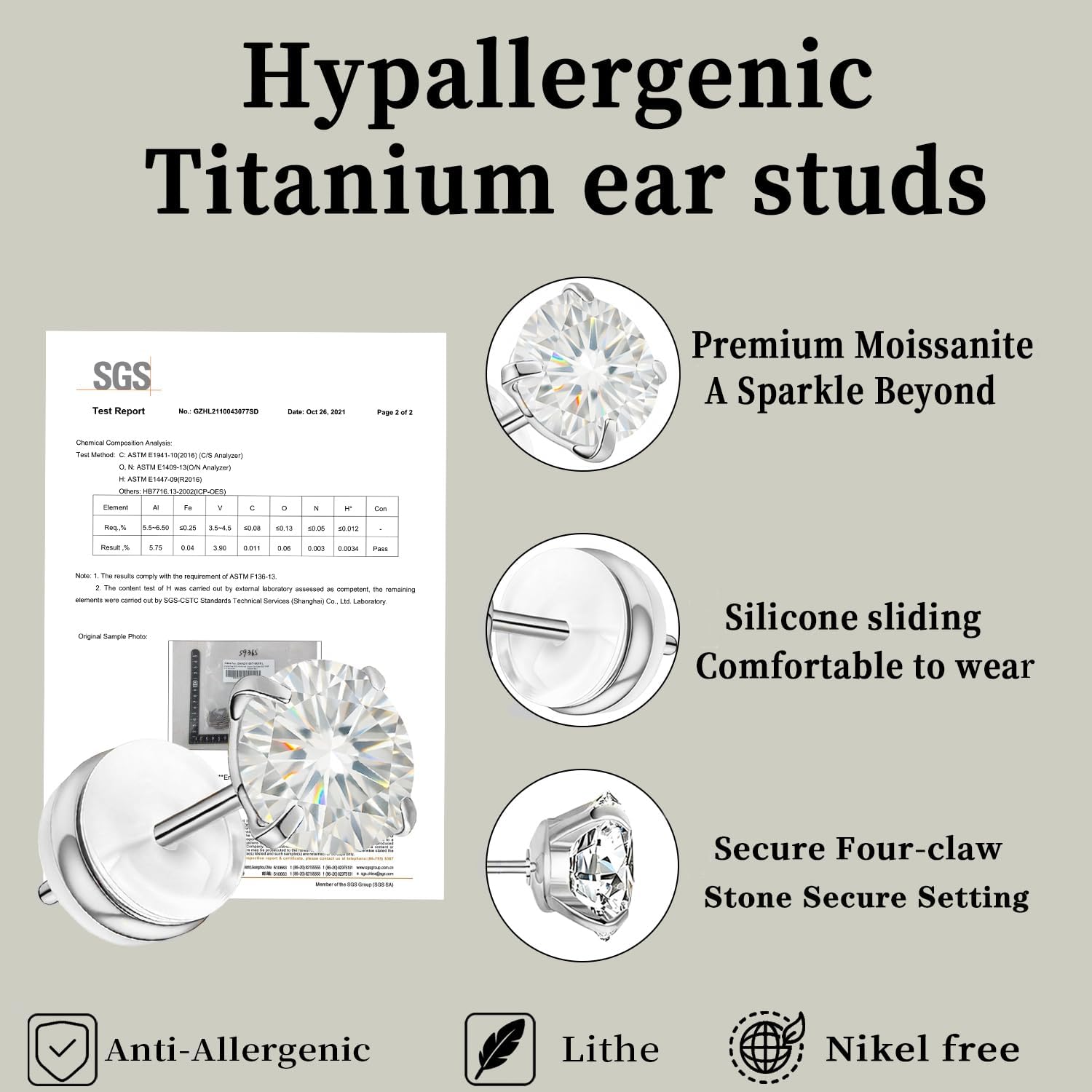 Moissanite Stud Earrings in 14K White Gold Plated Titanium | HypoAllergenic Earrings for Women & Men