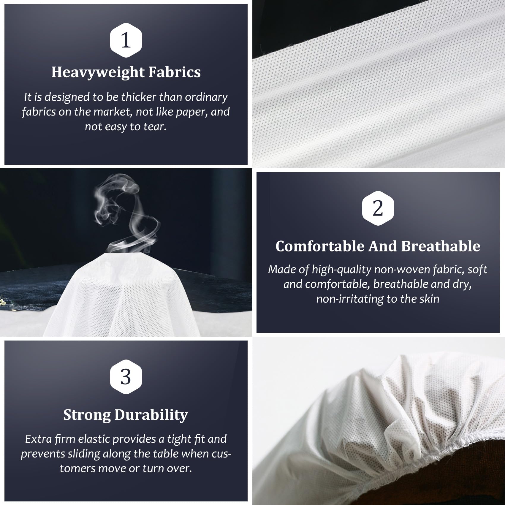50 sábanas bajeras desechables para mesa de masaje, funda de cama elástica resistente, sábanas bajeras desechables transpirables para spa, tela blanca no tejida, 36 x 85 pulgadas (50 unidades)