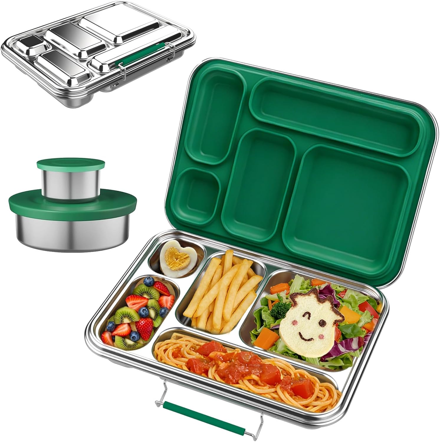 Stainless Steel Bento Box for Adults, 31.6 oz Leakproof 5-Compartment Metal Lunch Box with 2 Sauce Containers, BPA-Free Food Container for Work Office Picnic, Dishwasher Safe Green