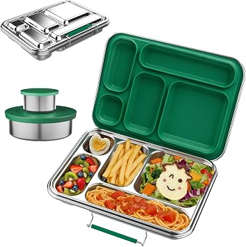 Stainless Steel Bento Box for Adults, 31.6 oz Leakproof 5-Compartment Metal Lunch Box with 2 Sauce Containers, BPA-Free Food Container for Work Office Picnic, Dishwasher Safe Green