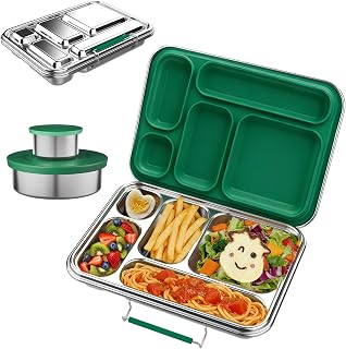 Stainless Steel Bento Box for Adults, 31.6 oz Leakproof 5-Compartment Metal Lunch Box with 2 Sauce Containers, BPA-Free Food Container for Work Office Picnic, Dishwasher Safe Green