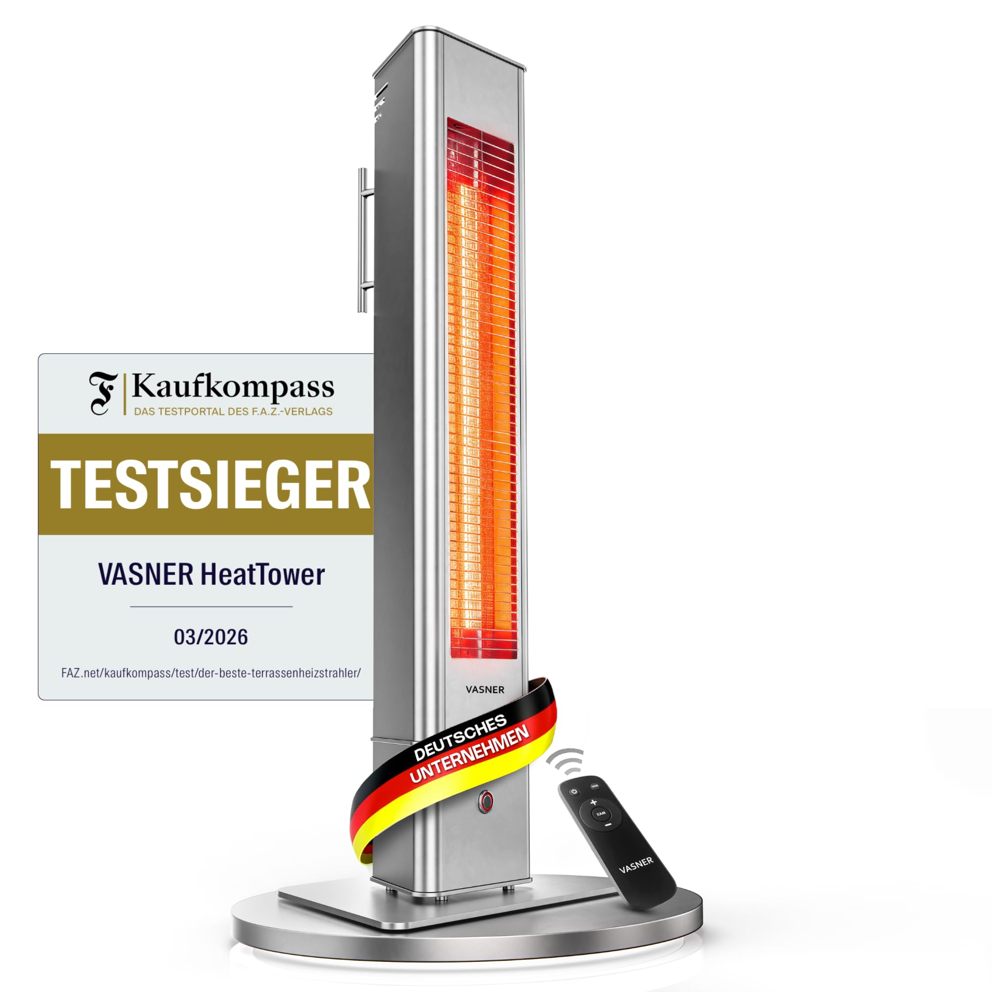 VASNER HeatTower Infrarot Heizstrahler Terrasse 2500 Watt 4 Heizstufen Standheizstrahler elektrisch mit Fernbedienung IP65 Schutz für Outdoor oder Bad