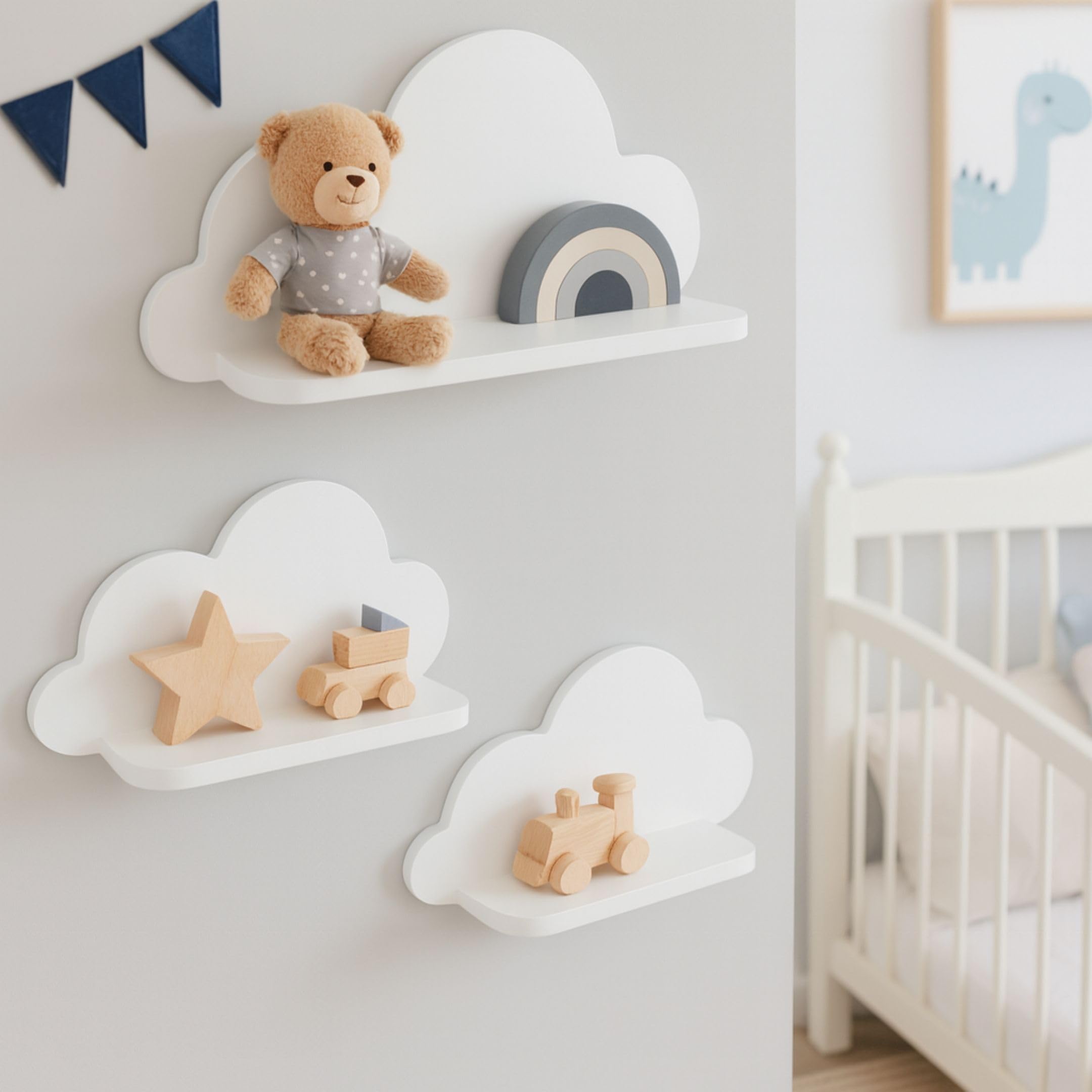 Wolkenregal 3er Set Holz – weiß, pflegeleicht & stilvoll | einfache Montage, nachhaltig & langlebig | Zeitloses Design, Designed in Deutschland | Babyzimmer Deko | Ideales Geschenkset