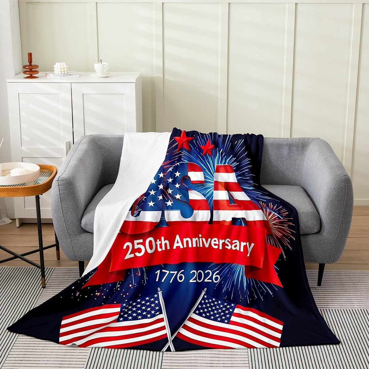 Feelyou America Flag Flannel Blanket Plush Fuzzy 250th Anniversary American Fleece Throw Blanket for Boys Girls Personalized Initial USA Plush Lightweight Sofa Throw Baby 30"x40" for Bed Couch Chair image 2