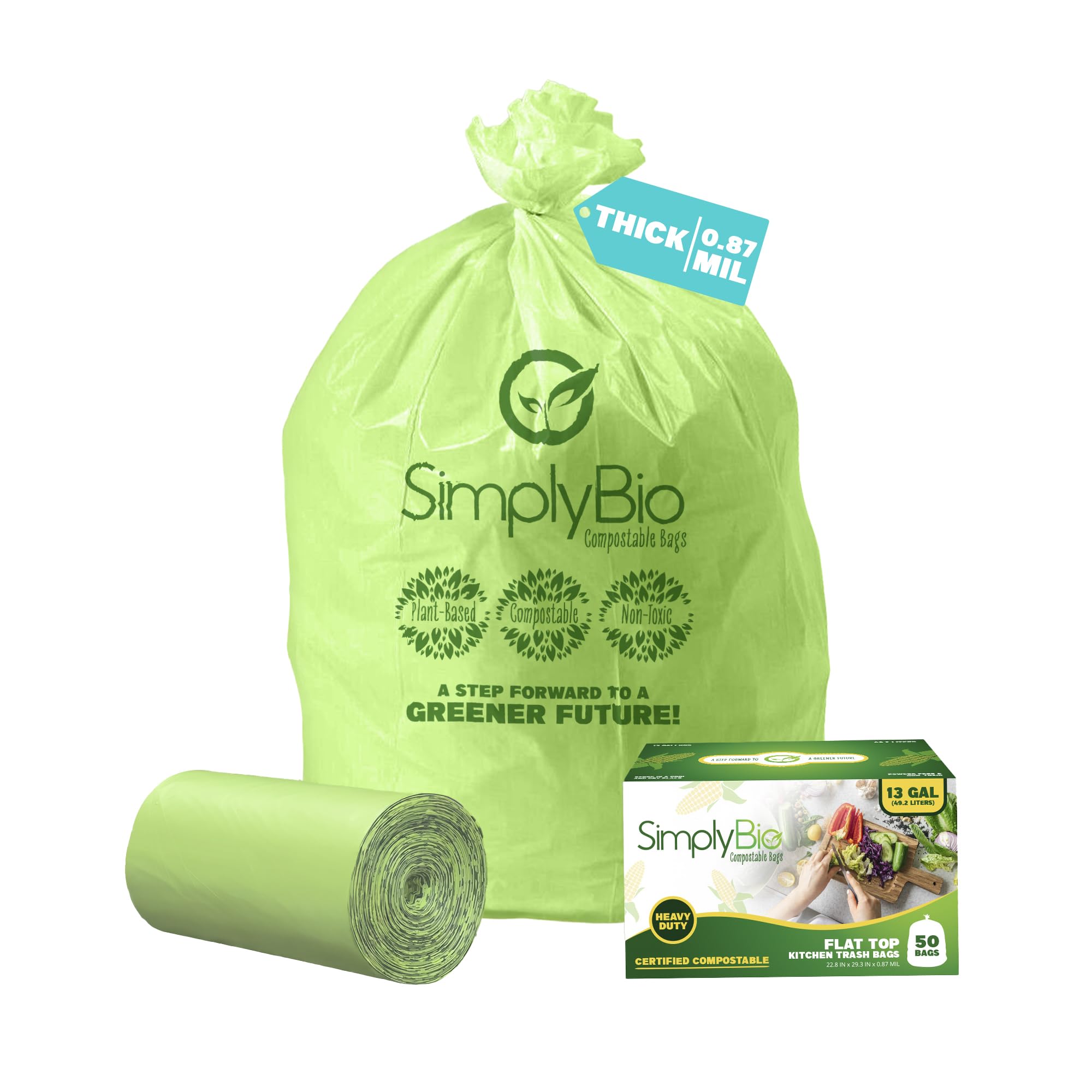 13 Gallon Compostable Trash Bags Liners with Flat-Top, Thick 0.87 Mil, 49.21 Liter, 50 Bags, Tall Kitchen Food Scrap Waste Bag, ASTM D6400, US BPI and OK Compost Home Certified