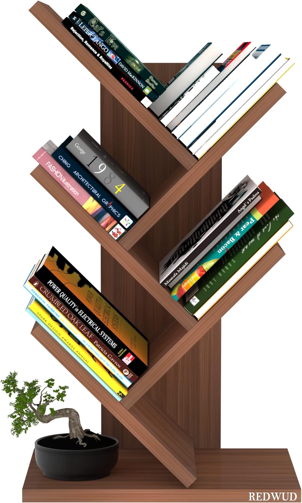 Redwud Caliper Engineered Wood 5-Tier Floor Standing Tree Bookcase/Wooden Bookshelf/Tree Shaped Book Shelf/Space Saving Display Storage Rack Books Holder in Living Room Office - Walnut