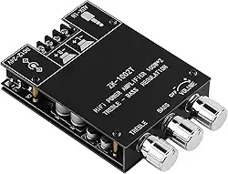 ZK-1002T Placa amplificadora Bluetooth 2.0CH 100W*2 Mini amplificador de áudio com controle de agudos e graves, entradas BT e AUX, módulo amplificador estéreo DC 9-24V para alto-falantes domésticos
