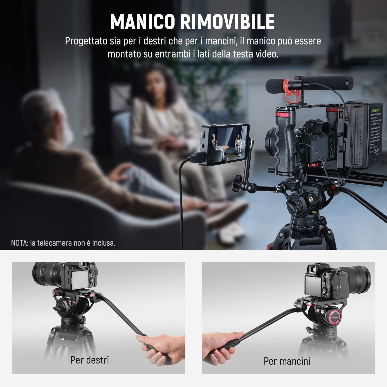 NEEWER Treppiede video da 74" con testa a fluido e controllo dell'attenuazione, in alluminio resistente, professionale, con piastra QR per videocamere DSLR, panno per la pulizia, carico massimo 17,6