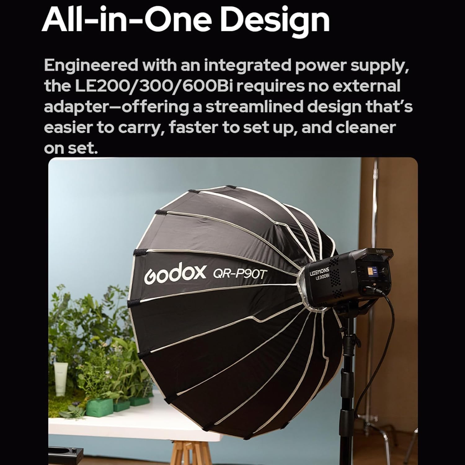 Godox LE200Bi light with softbox, demonstrating integrated design
