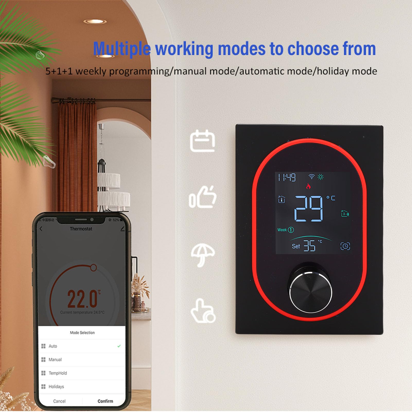 Inteligentny termostat pokojowy WiFi regulator temperatury tygodniowy programowalny wyświetlacz LED energooszczędny dla domowego komputera ABS 2,4 GHz WiFi (Black)
