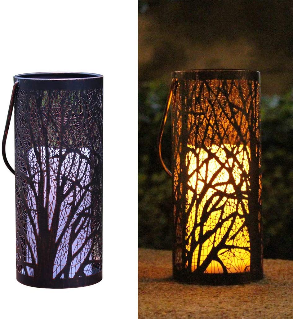 WRalwaysLX Decorative Woods Lanterns with Timer Candle Light Flameless Candles Indoor/Outdoor Lantern with Hanging use 3AAA Battery, Engraved Steel Lantern with Bronze Undertones