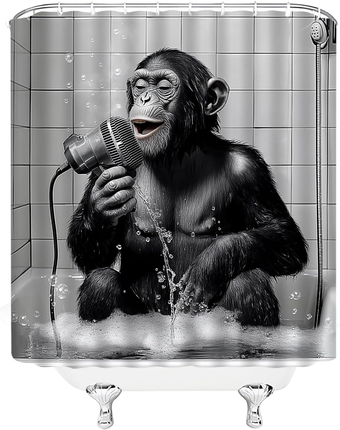Funny Monkey Shower Curtain Chimpanzee Singing in Bathtub Humorous Black White Animal Modern Cool Boys Men Home Bathroom Polyester Fabric Curtains with Hooks 90Wx70H Inch