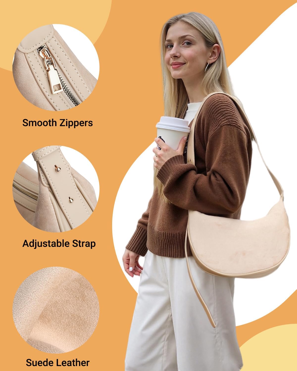 Herald Suede Crossbody Bag for Women, Vintage Hobo Handbag Crescent Shoulder Purses with Adjustable Strap Winter Fall - Image 3