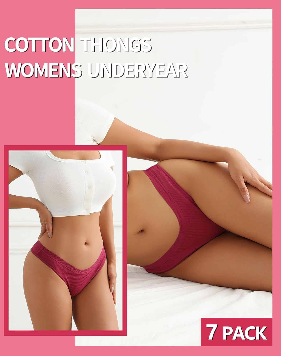 7 Pack Cotton Thongs for Women Low Rise Sexy Thong Ladies Panties Breathable Ribbed Comfort Underwear - Image 4