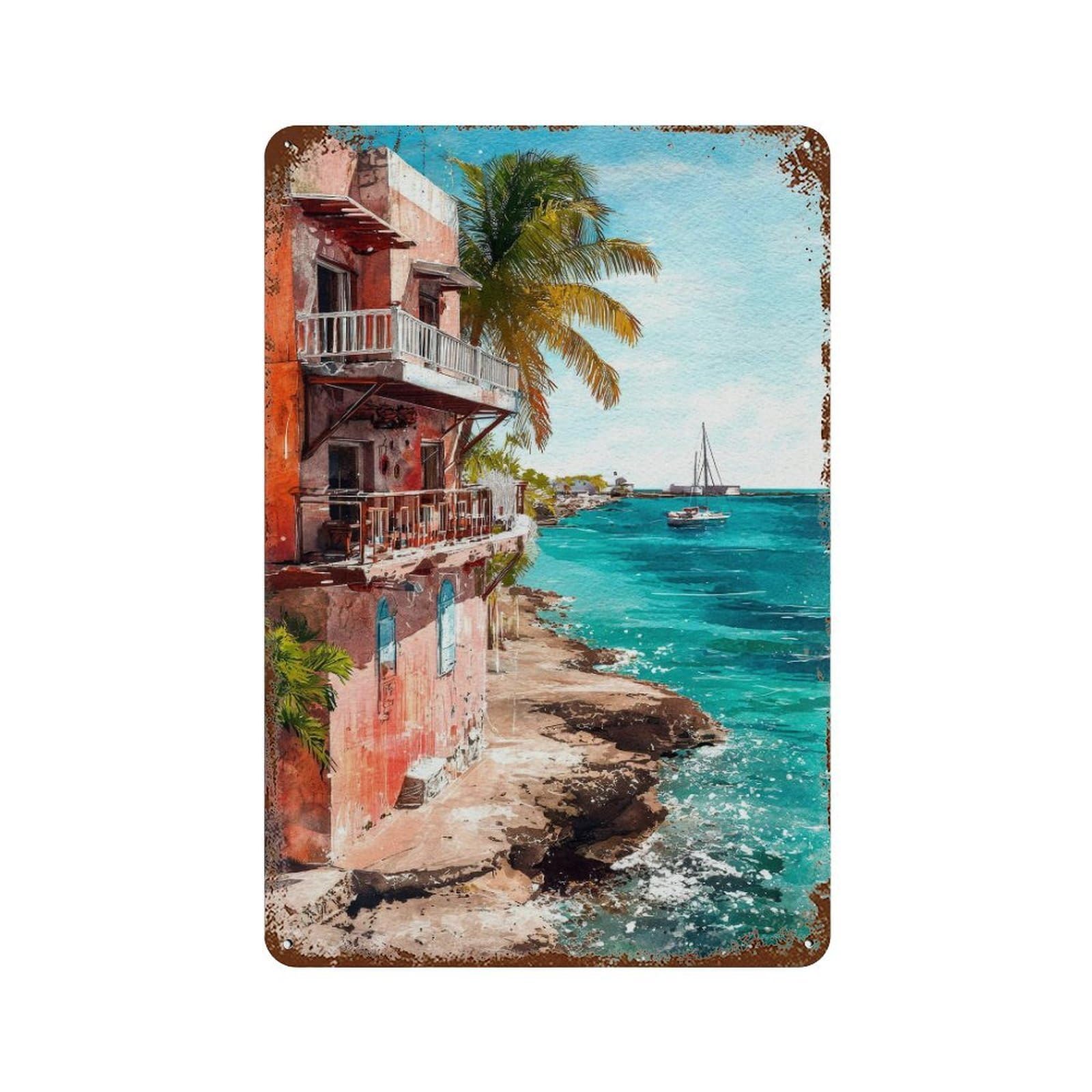 xiaoxiaoshen Isla Mujeres Mexico Watercolor Travel Caribbean Coastal Wall Decor Art Metal Tin Poster Modern Home Decor Art Home Bar Shop Decorations Vintage Sign 30x20cm