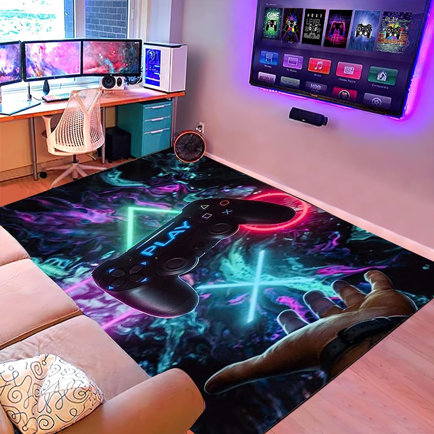 Suserritbcho Gamer Controller Gaming Modern Area Rug, Gaming Carpet, Gamer Rug, Indoor Floor Mat Soft with Non-Slip Backing Home Decor, Gamer Room Decor for Living Room, Bedroom (A, 100 x 150 cm)