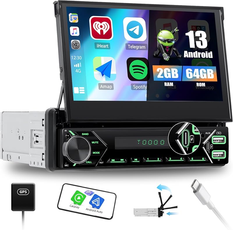 SIXWIN 1 DIN Android 13 Autórádió 7" Kihúzható Érintőképernyővel - CarPlay, Mirrorlink, Bluetooth, WiFi, GPS, 64GB Tárhely, Tolatókamerával