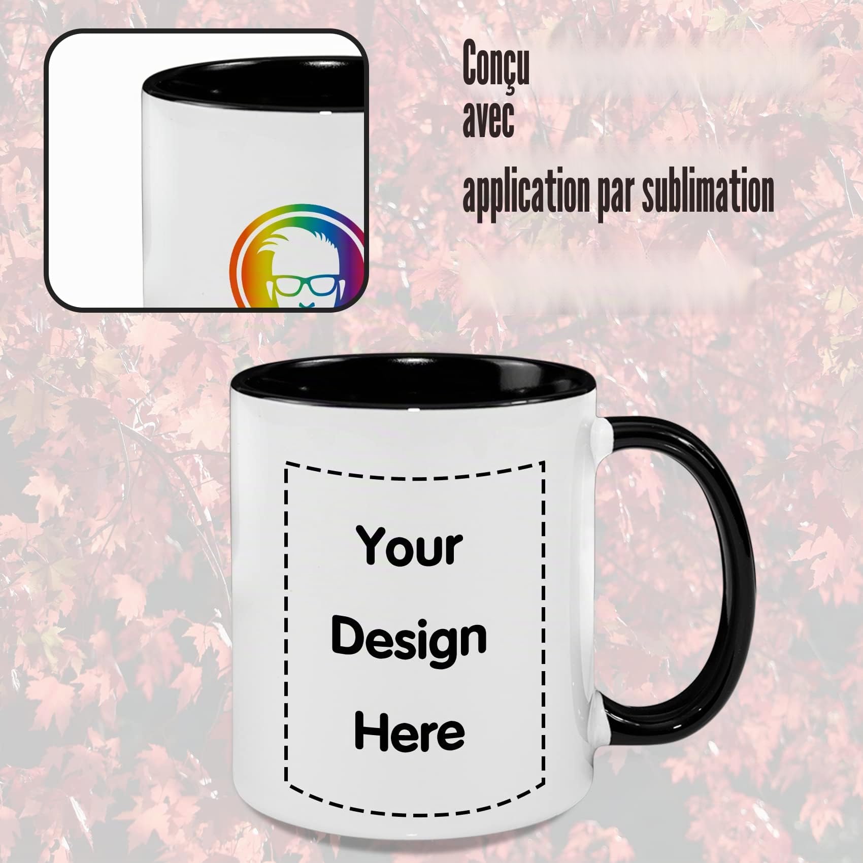 MR.R Sublimation Blanks Tasses à café en céramique pour lave-vaisselle avec tasse de couleur noire à l'intérieur et à la poignée Tasse à boire pour thé au lait, eau de cola, 11 oz, lot de 6