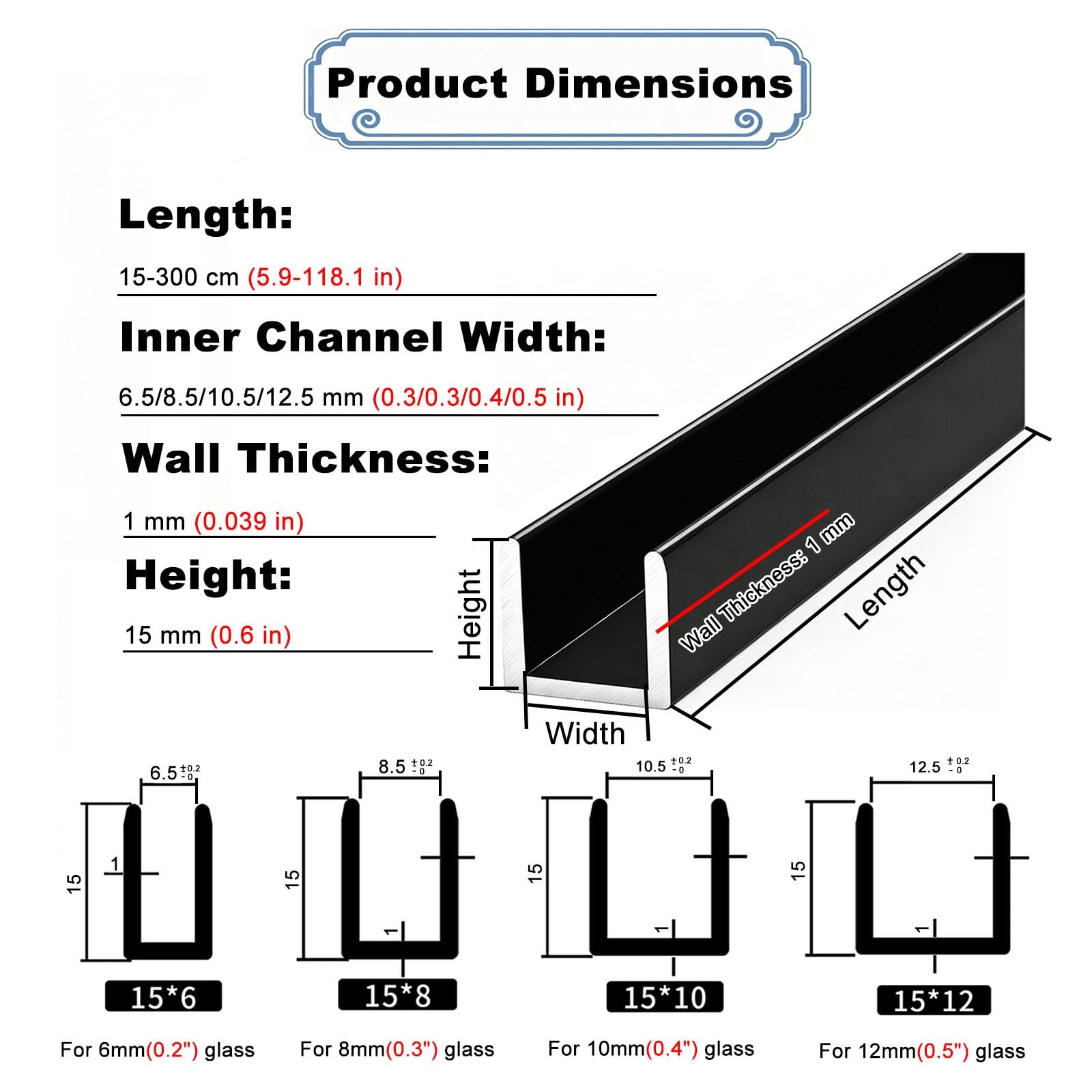Perfil en U de aluminio negro para puerta de cristal de ducha