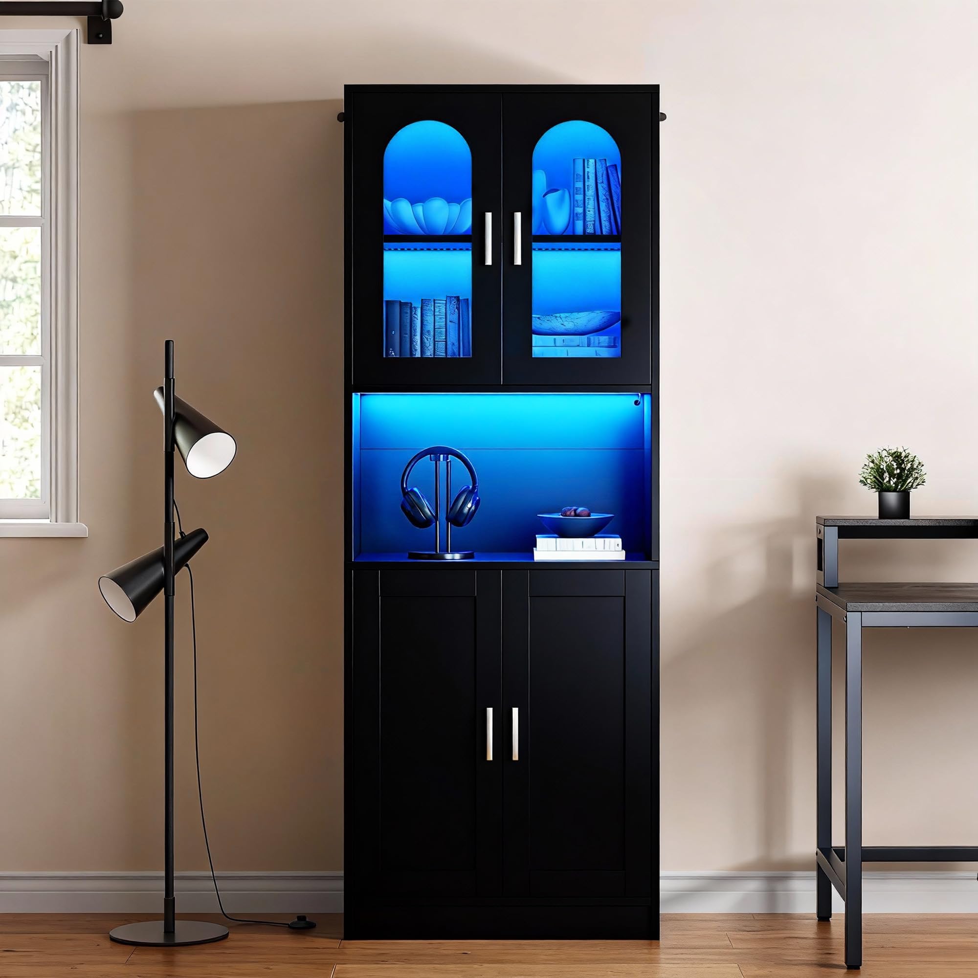 YITAHOME Libreria alta Scaffale in legno con ante, Libreria moderna con area espositiva, Mobile contenitore con illuminazione per casa, ufficio, soggiorno, Nero