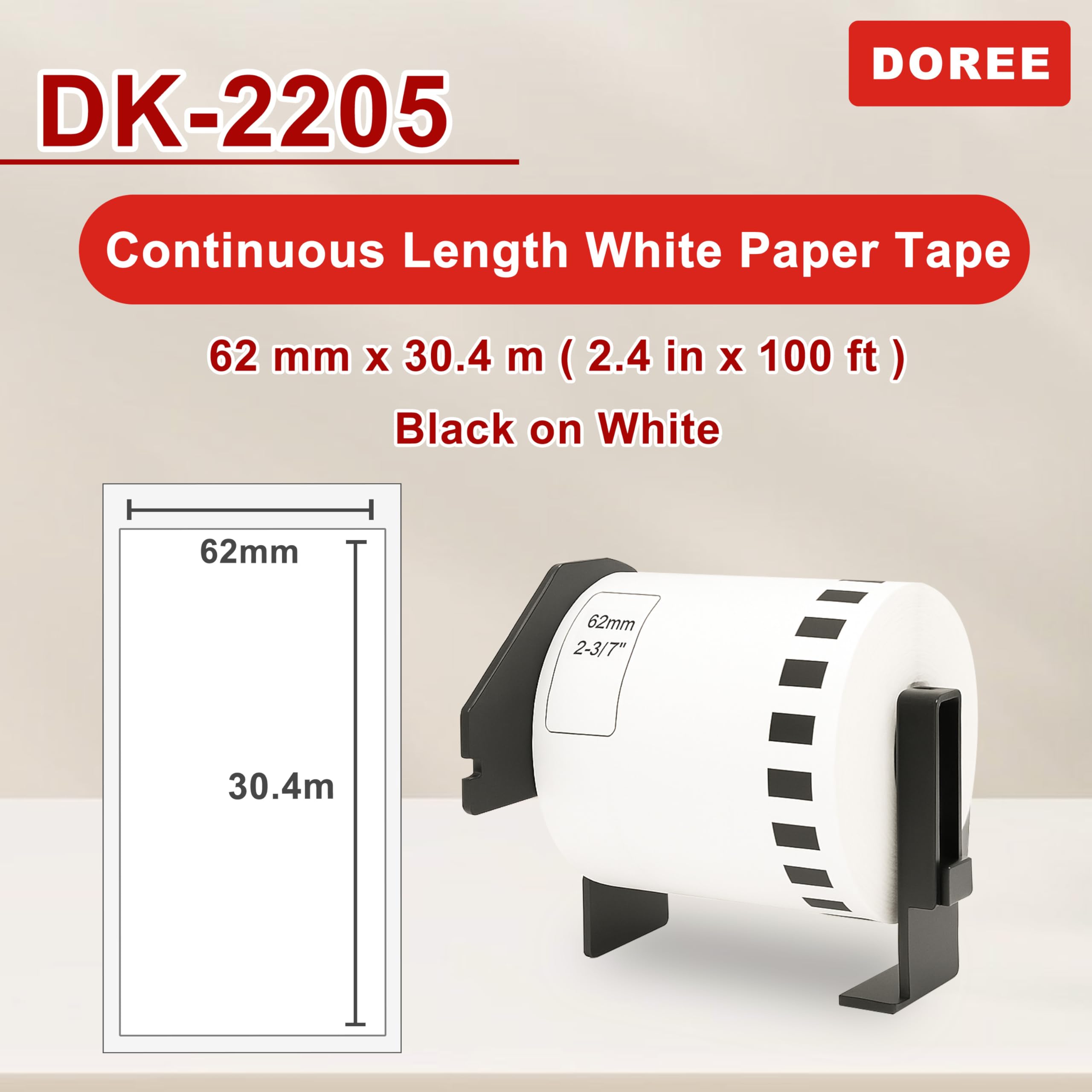 DOREE 64 Rollen DK-22205 Endlosetiketten, Kompatibel mit Brother DK-22205, 62mm × 30,48m, Schwarz auf Weiß für Brother Etikettendrucker : QL-500,QL-550,QL-570,QL-700,QL-800,QL-810W,QL-1060N,QL-1100