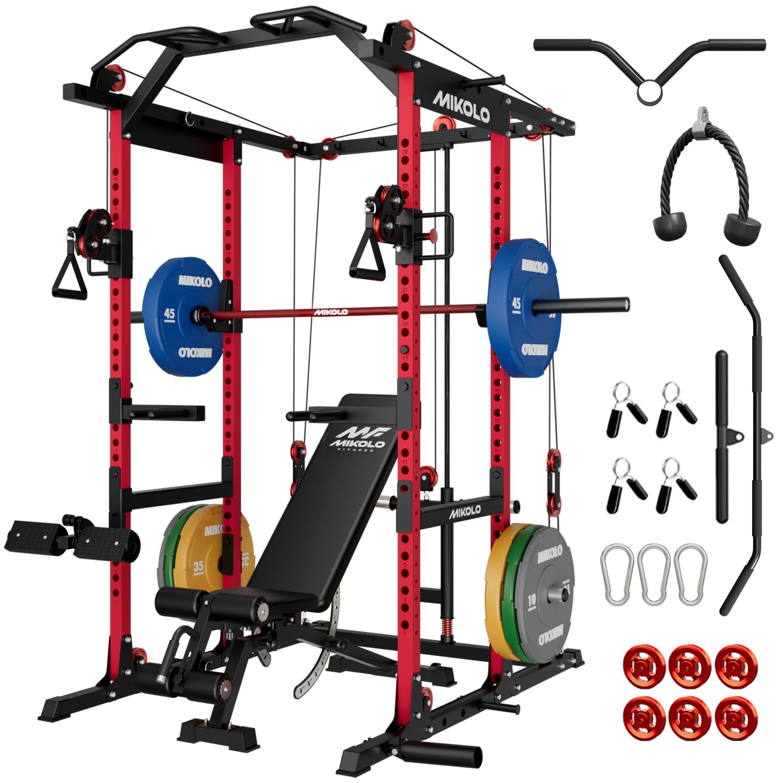 Mikolo K6 2.0 Power Cage, Power Rack with Cable Crossover System, 2000LBS Squat Rack with LAT Pull Down System, Functional Trainer with Aluminum Pulley System for Home Gym