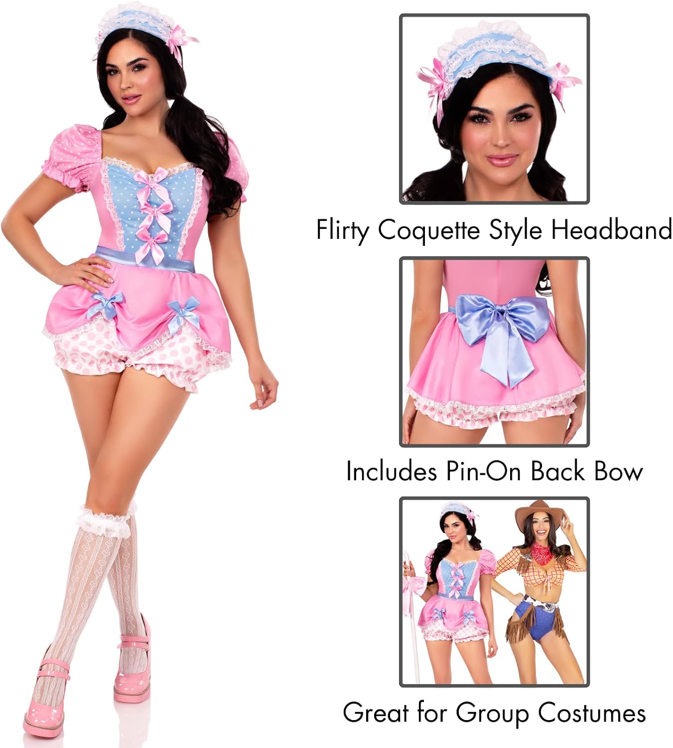 Leg Avenue Womens Bo Peep Sweetie Costume Includes Dotted Bloomer Romper With Bow Accents Pin-on Back Bow and Head Piece