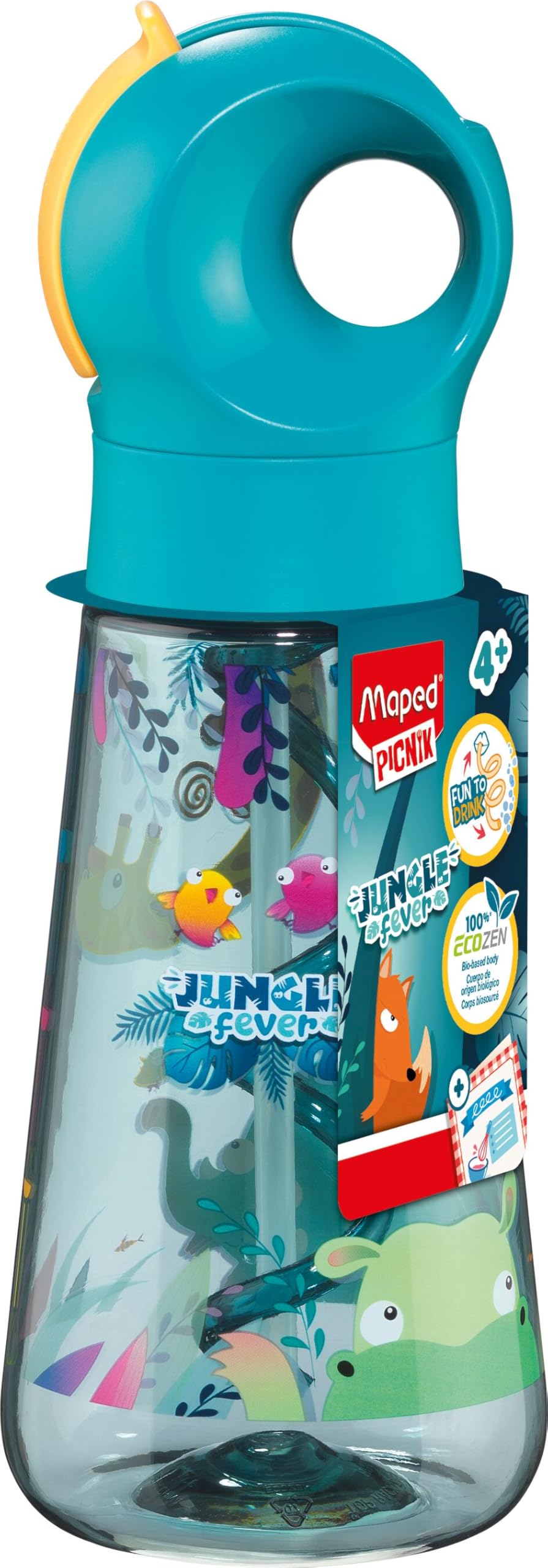 Maped Picnik Ecozen Jungle Fever Water Bottle - Integrated Straw That Makes Bubbles, Encourages Hydration - Easy Manual Opening - Integrated Handle, Waterproof, Bio-Sourced Material - 500 ml