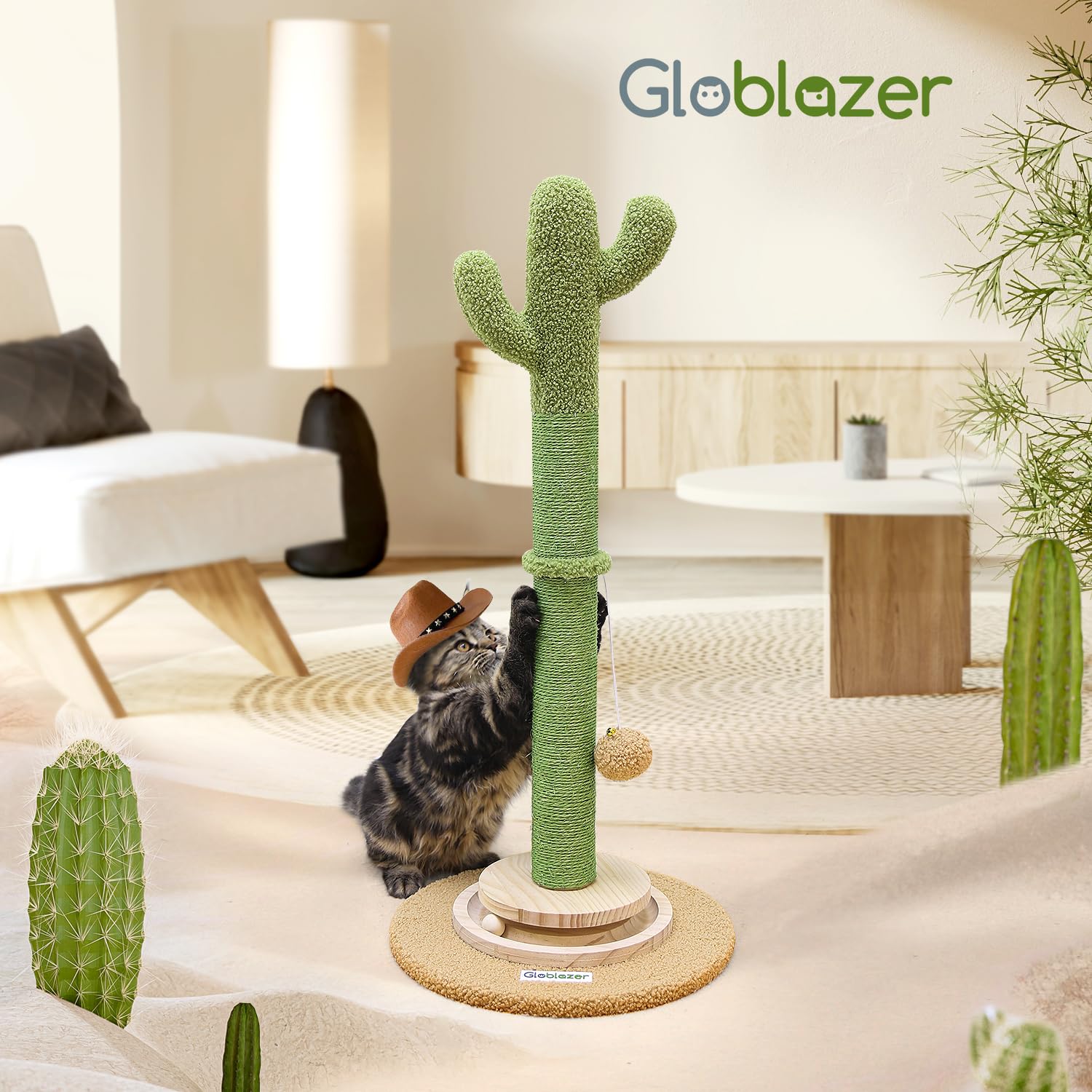 Globlazer Drzewko dla kota w kształcie kaktusa z drewnianą piłką śledzącą, pluszowa zabawka dla kota, drapak kolumna, stabilna podstawa, kocięta, koty, koty, duże drapaki do zabawy w pomieszczeniach