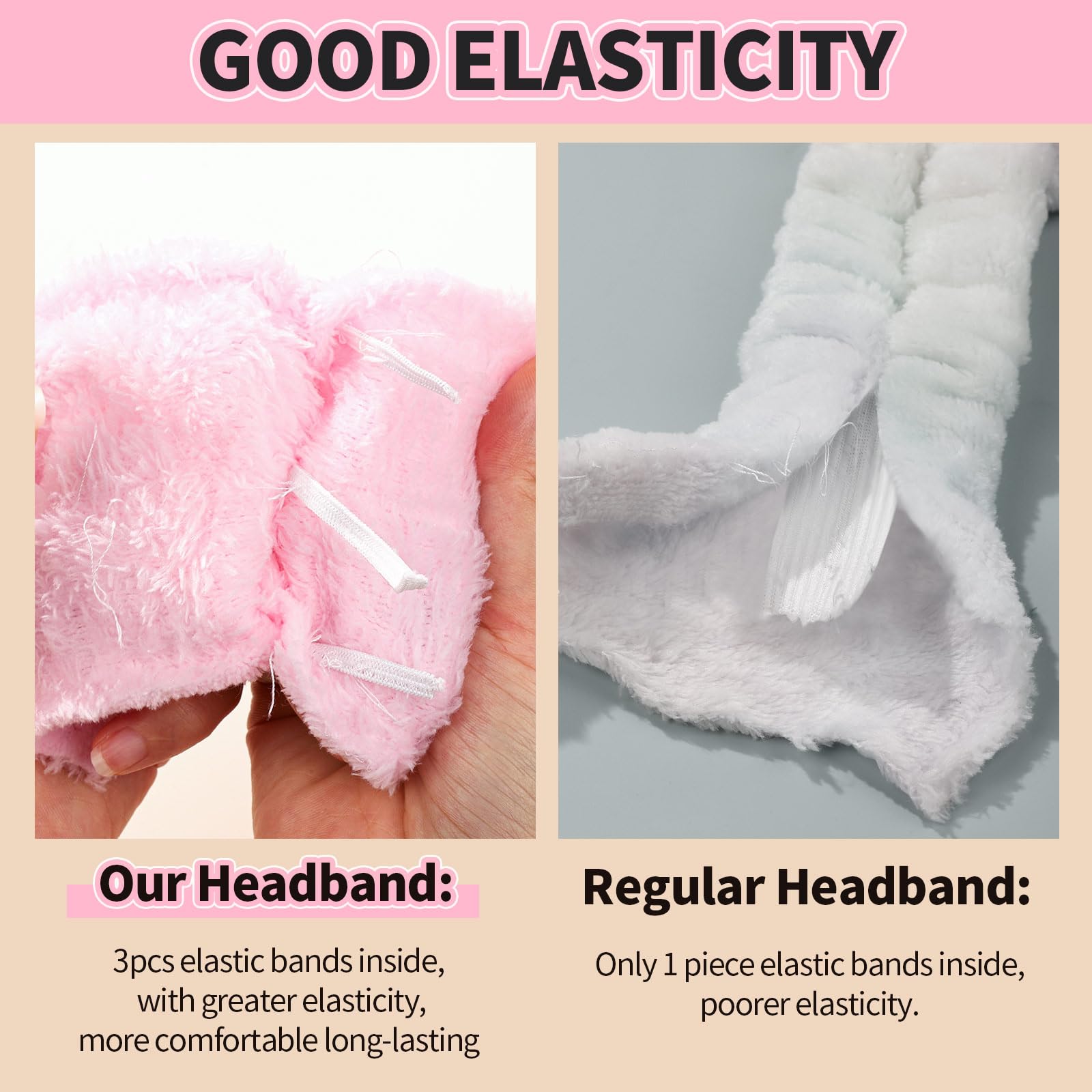 LEOBRO Stirnband zum Waschen des Gesichts, 3 Spa-Stirnbänder und 3 Haargummis, Make-up-Stirnband, Hautpflege-Stirnband für Damen und Mädchen, Gesichtswasch-Stirnband, Schwarz & Rosa & Cremeweiß