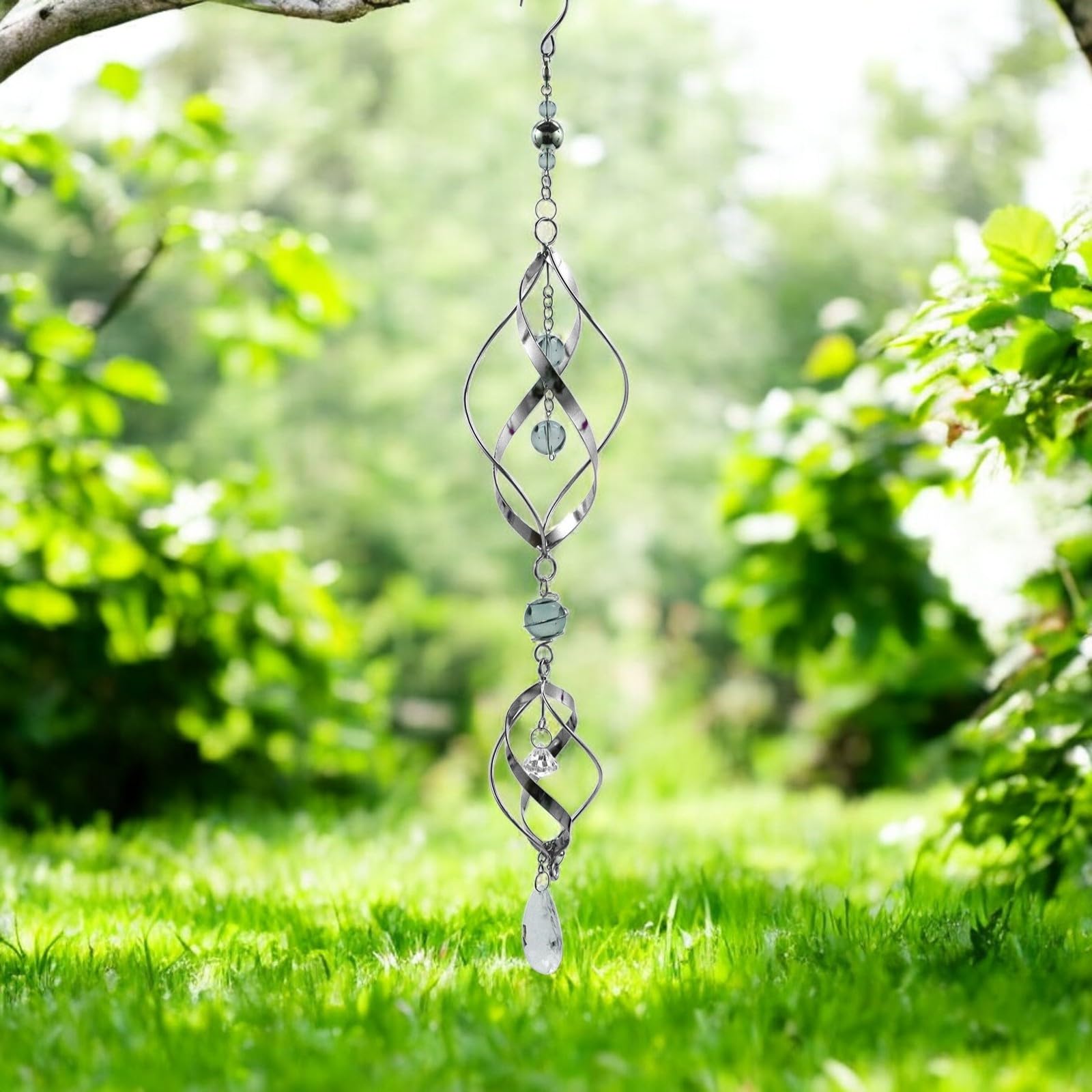 Epsom Door Handle Silver Stainless Steel Spiral Wind Spinner – 57Cm | Double & Triple Helix Garden Spinner For Outdoor Décor (Double Spiral Version)