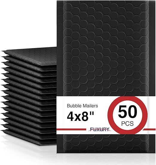 Fuxury Bubble Mailers 4x8 Inch 50Pcs Black Bubble Envelopes, Self-Seal Adhesive,Water Resistance,Strong Padded Envelopes for Small Items, Small Business, Shipping Bags, Packaging, Mailing Bulk#000
