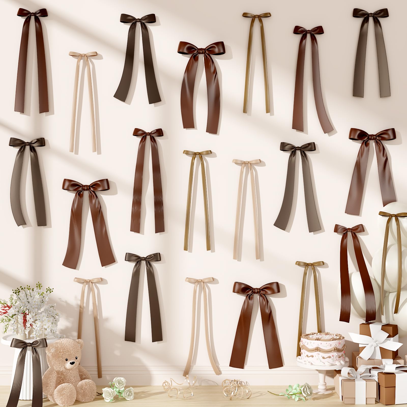 Brown Bow Decorations, 40Pcs Ribbon Bow Wall Backdrop for Fall Party Decor