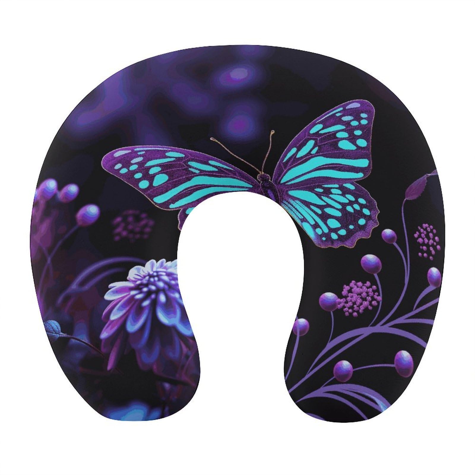 FekiLoot Purple Butterfly and Flowers Travel Pillow U Shaped Neck Pillow Comfortable Memory Foam Pillow Portable Soft Headrest Lightweight Neck and Head Support for Planes Trains Self-Driving Cars