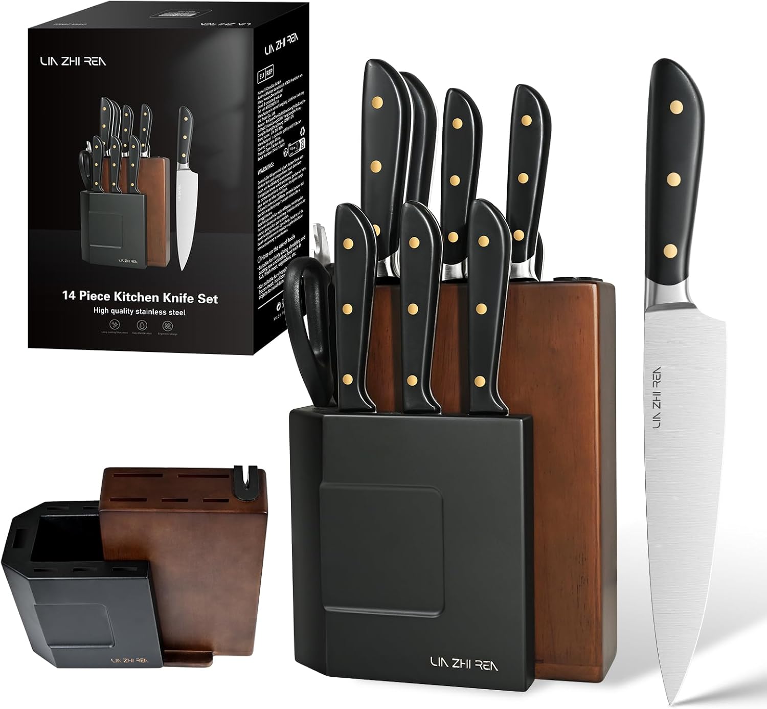 14-Piece Knife Block Set, High-Carbon Stainless Steel Dishwasher Safe Kitchen Knives Detachable Knife Holder, Includes Chef's, Santoku, Bread & Steak Knives (black)