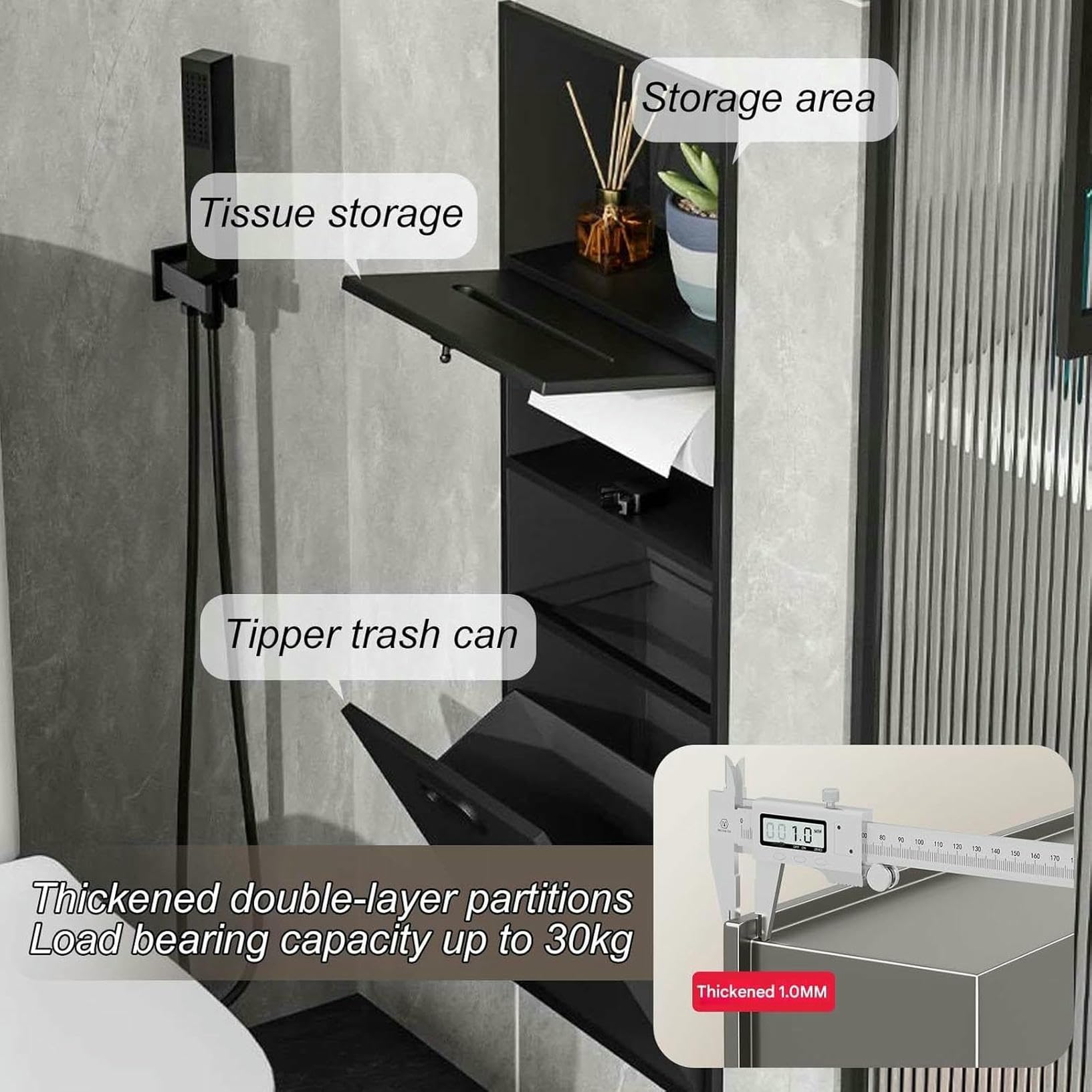 Klappbarer Abfalleimer aus Edelstahl und versenkter Toilettenpapierhalter, platzsparendes Design für Bad und Büro, geeignet für Taschentücher und Toilettenpapierrollen, elegante graue Oberfl