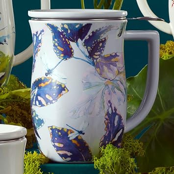 Tea Forte Demoiselle Fiore Ceramic 14 Ounce Tea Mug with Infuser and Lid, Ceramic Cup with Handle for Steeping Loose Leaf Teas, Dishwasher & Microwave Safe