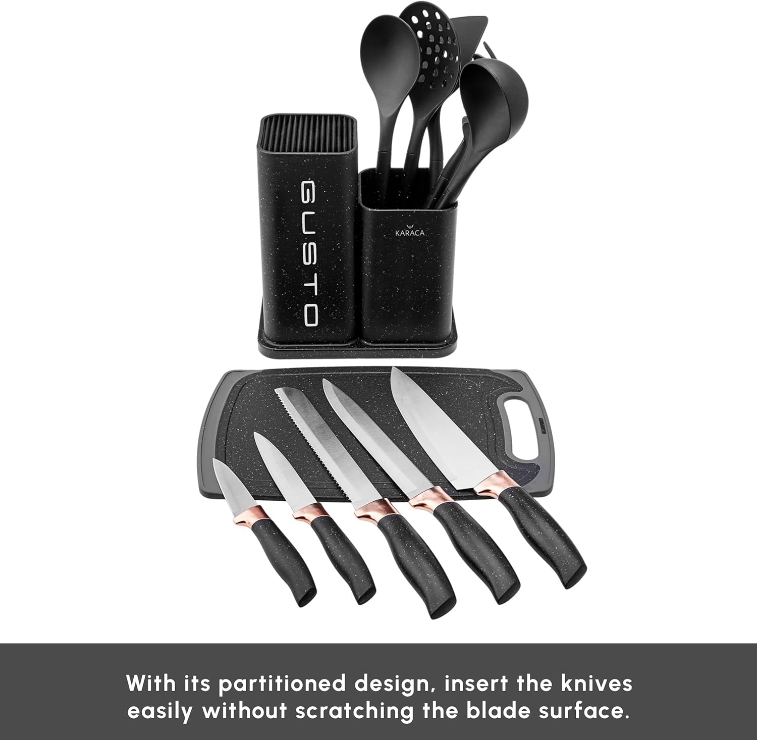 Karaca Gusto Knife and Chopping Board Set, 12 Pcs, Stainless Steel 5 Knives with Black Handles and 5 Pcs Kitchen Utensils with Special Stand including Cutting Board