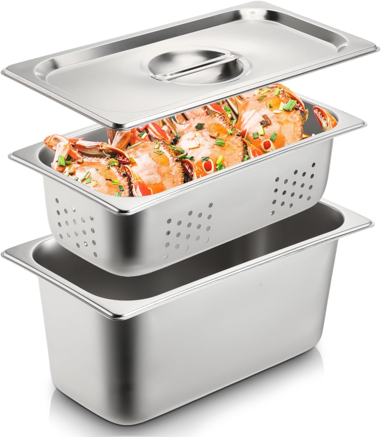 Ferraycle 3 Pack 1/3 Size 4 Inch, 6 Inch Hotel Pan with Lid Perforated Steam Table Pan Restaurant Supplies for Kitchen, Steam Table Tray for Food Warmer