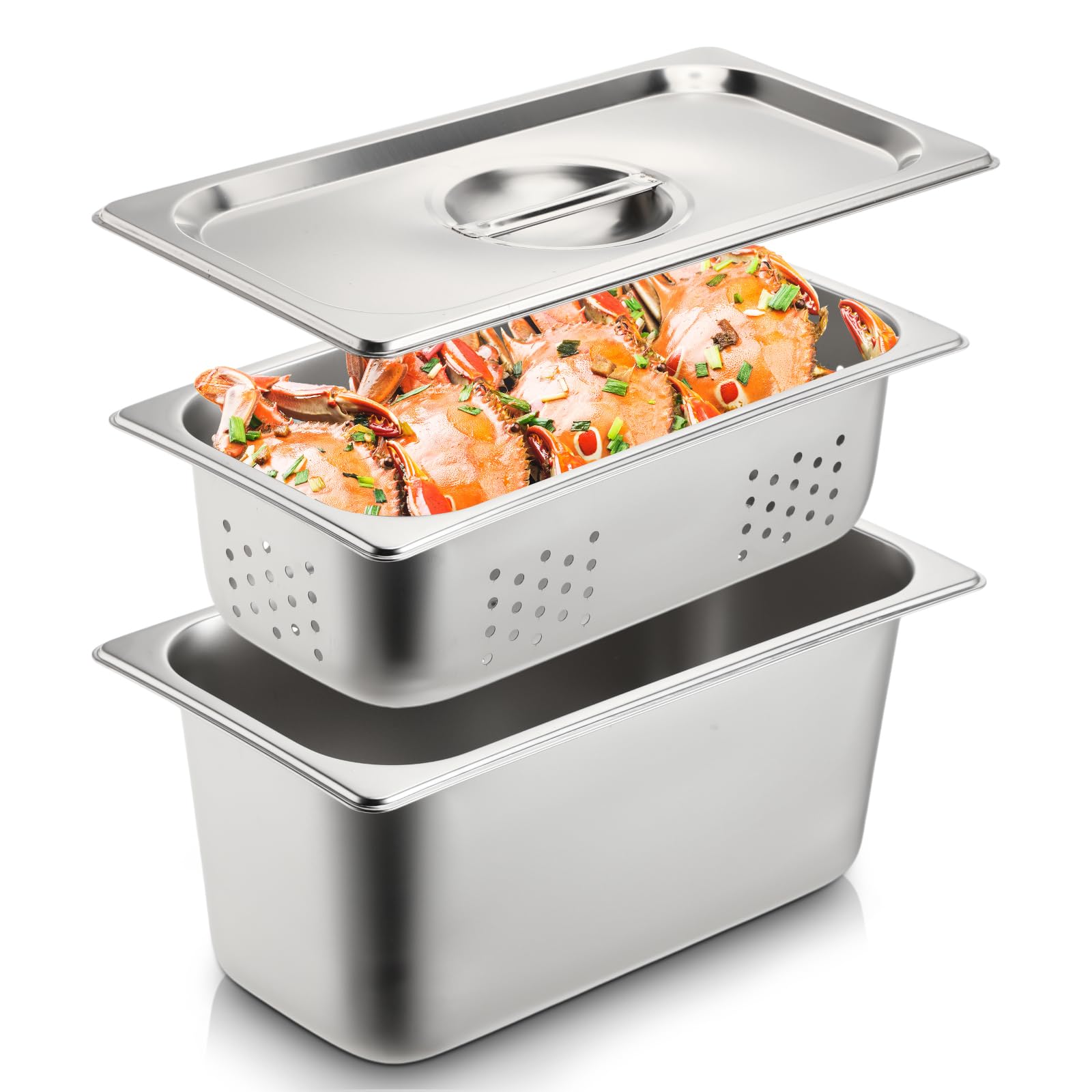 Ferraycle 3 Pack 1/3 Size 4 Inch, 6 Inch Hotel Pan with Lid Perforated Steam Table Pan Restaurant Supplies for Kitchen, Steam Table Tray for Food Warmer