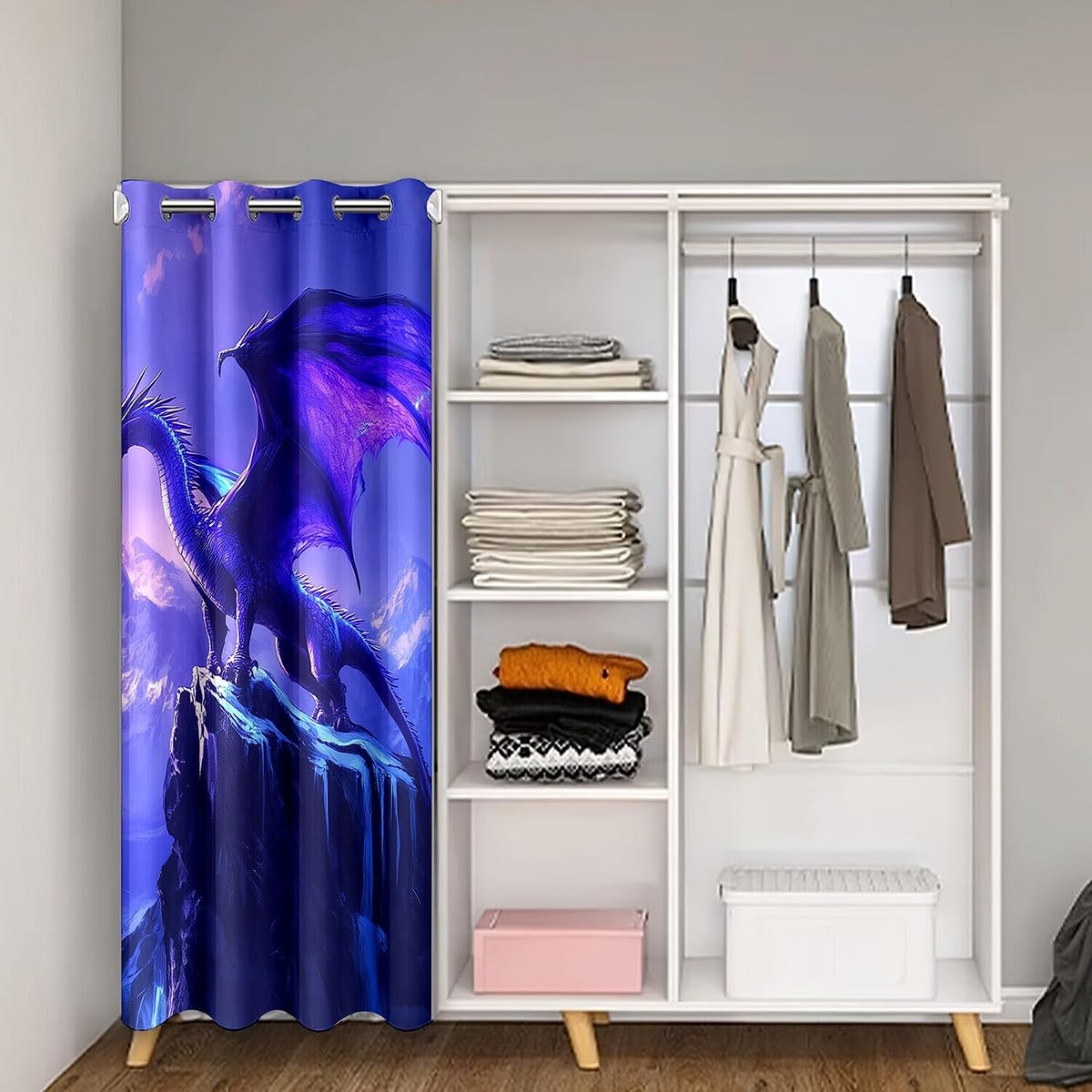 Castle Fairy Howling Dragon Door Curtain for Doorways Privacy Purple Aurora Sky Doorway Curtain Magical Fantasy Animal All Season Blackout Curtain Snowy Mountain Door Drape, 52" W X 80" L