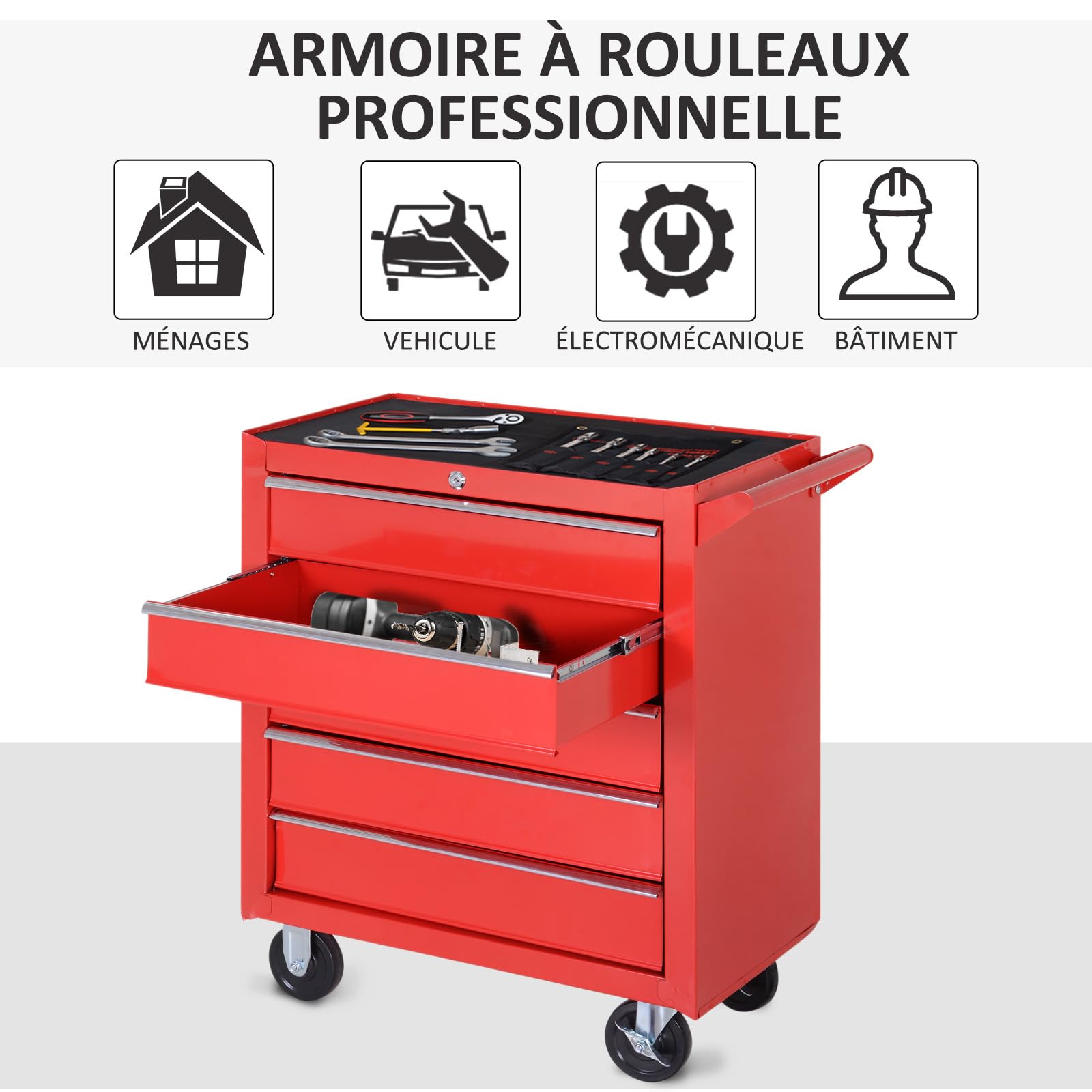 DURHAND Servante d'atelier en Acier, Chariot à Outils sur roulettes, Rouge | 5 Tiroirs, Résistante aux Rayures, Caisse à Outils pour Atelier, Verrouillable 2 Clés