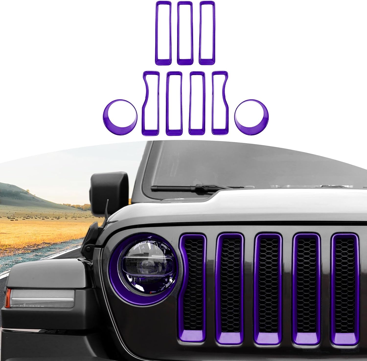 RT-TCZ for Wrangler JL Mesh Front Grille Grill Insert Headlight Light Cover Trim for Jeep Wrangler JL JLU 2018-2022 Purple Exterior Accessories 9pcs