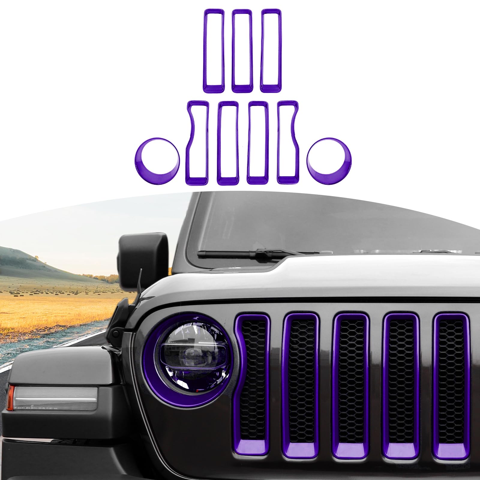 Photo 1 of **Headlights pieces only**
RT-TCZ for Wrangler JL Mesh Front Grille Grill Insert Headlight Light Cover Trim for Jeep Wrangler JL JLU 2018-2022 Purple Exterior Accessories 9pcs
