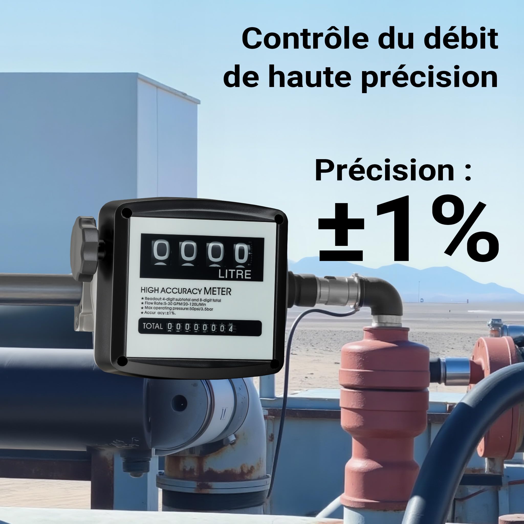 Wiltec Compteur Diesel ou fuel – 180 x 150 x 135 mm – 3,5 bars / 20-120 l/min – Raccords 1" – avec double affichage – pour pompes fioul mazout huile