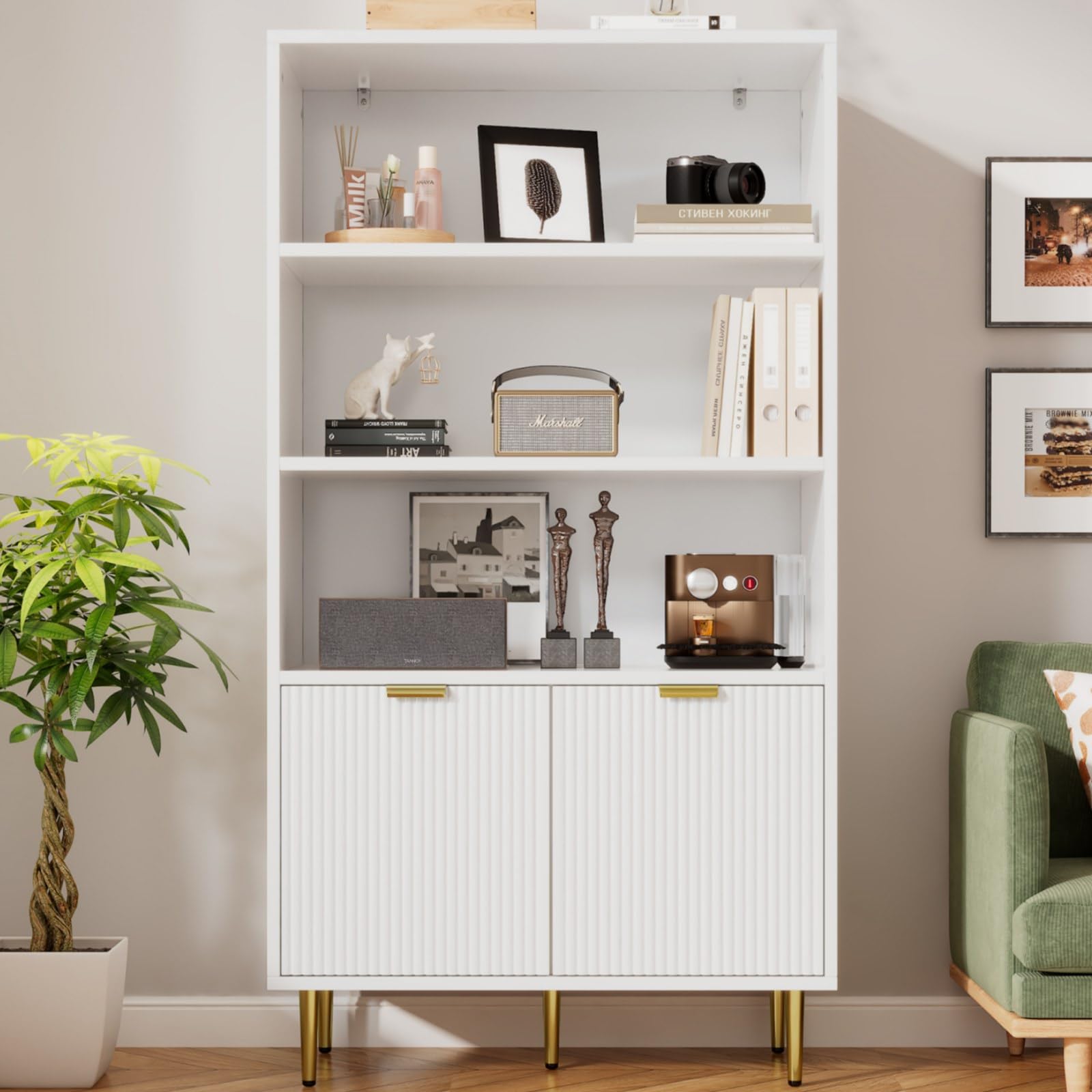 KOMHTOM Hoge kast, wit rotan, opbergkast, dressoir met zes deuren en een kleine lade, multifunctionele kast geschikt voor woonkamer, slaapkamer, keuken (wit