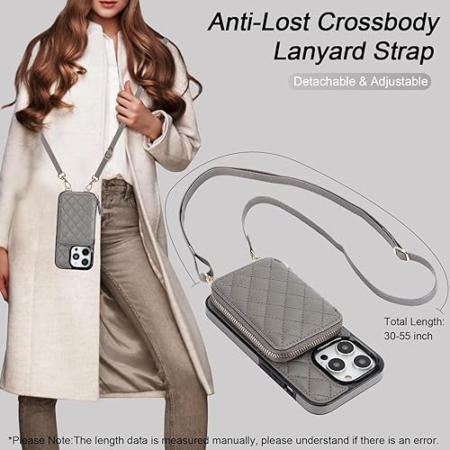 Miniatura 6 de Bocasal Funda tipo cartera cruzada para iPhone 14 Pro, bloqueo RFID, de piel sintética, con cremallera, funda tipo cartera con función atril y