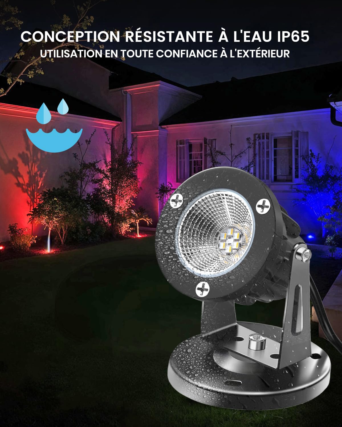 RGB LED Spot avec Télécommande, IP65 Spot LED Extérieur et Intérieur, Lampe Projecteur à Couleurs Changeantes pour Plantes avec Base et Piquet, 1,78m Câble avec Fiche, 6W