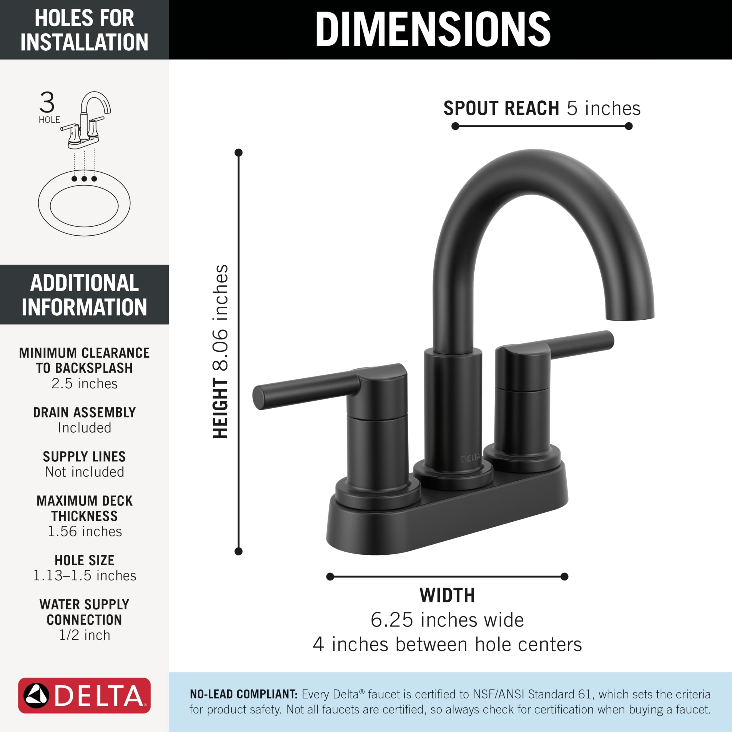 Delta Nicoli Centerset Matte Black Bathroom Faucet, 4 Inch 3 Hole